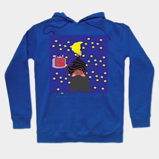 vampire bat clinging to a moon horn drinks from the blood bag Hoodie